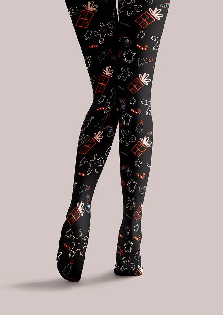 Christmas Fun Art Gingerbread Night Tights Hosiery Pantyhose