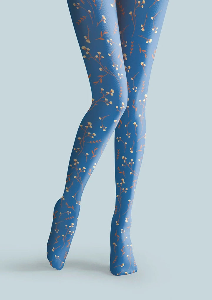 Women Cobalt Blue Dainty Florals Tights Hosiery Pantyhose