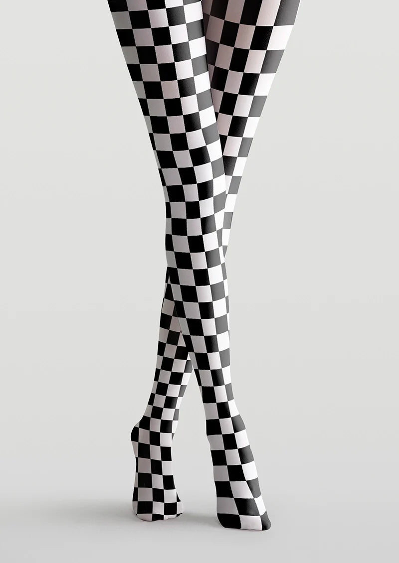 Women Black and White Checkered Grid Print Tights Pantyhose