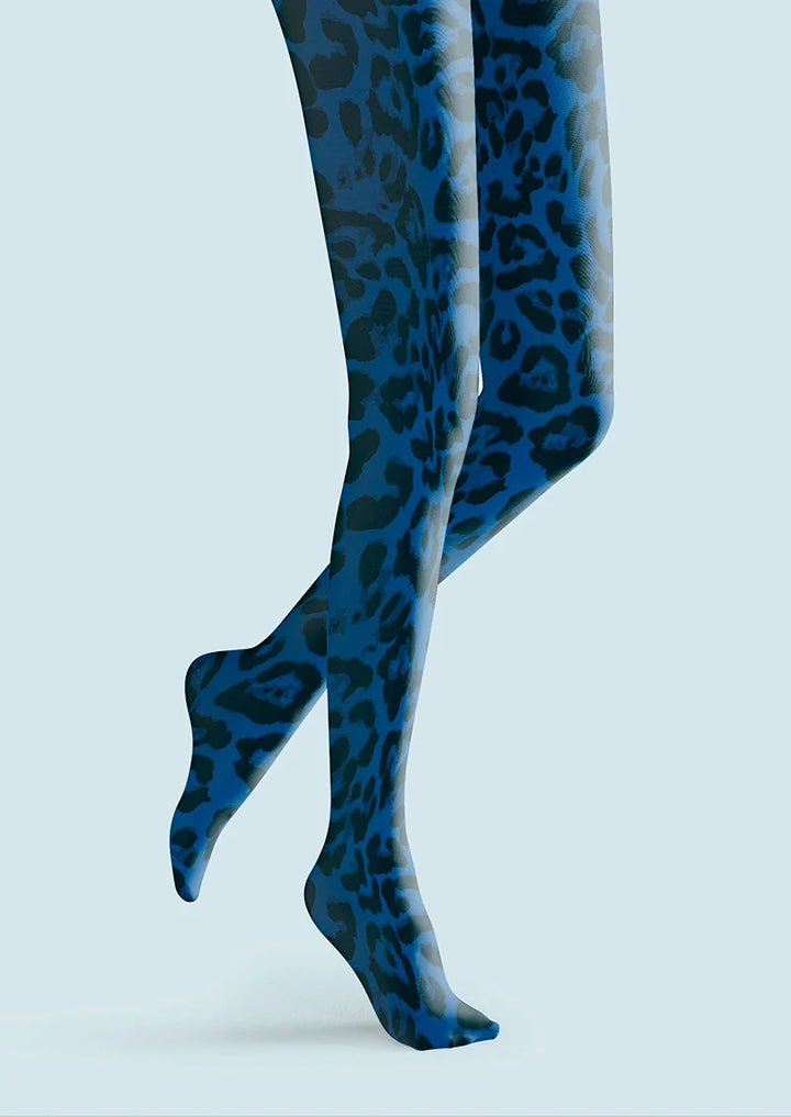 Women Vibrant Blue Leopard Animal Print Tights Pantyhose