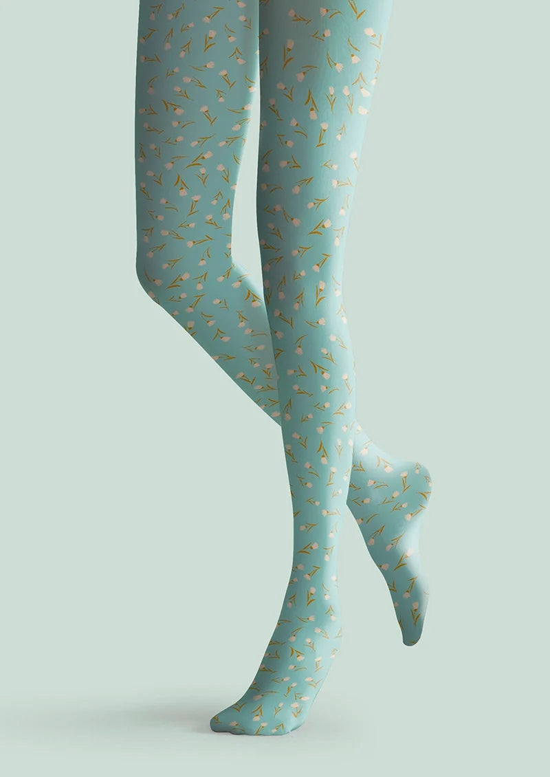 Women Pale Green Dainty Florals Print Tights Hosiery Pantyhose