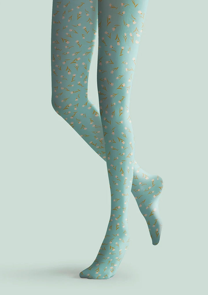 Women Pale Green Dainty Florals Print Tights Hosiery Pantyhose