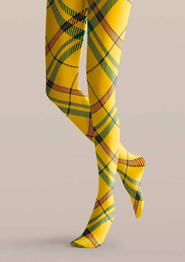 Women Yellow Striped Check Printed Tights Hosiery Pantyhose