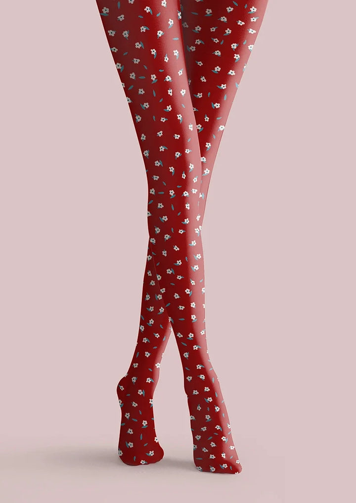 Women Red Dainty Florals Print Tights and Hosiery Pantyhose