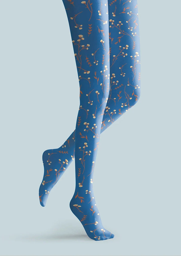 Women Cobalt Blue Dainty Florals Tights Hosiery Pantyhose