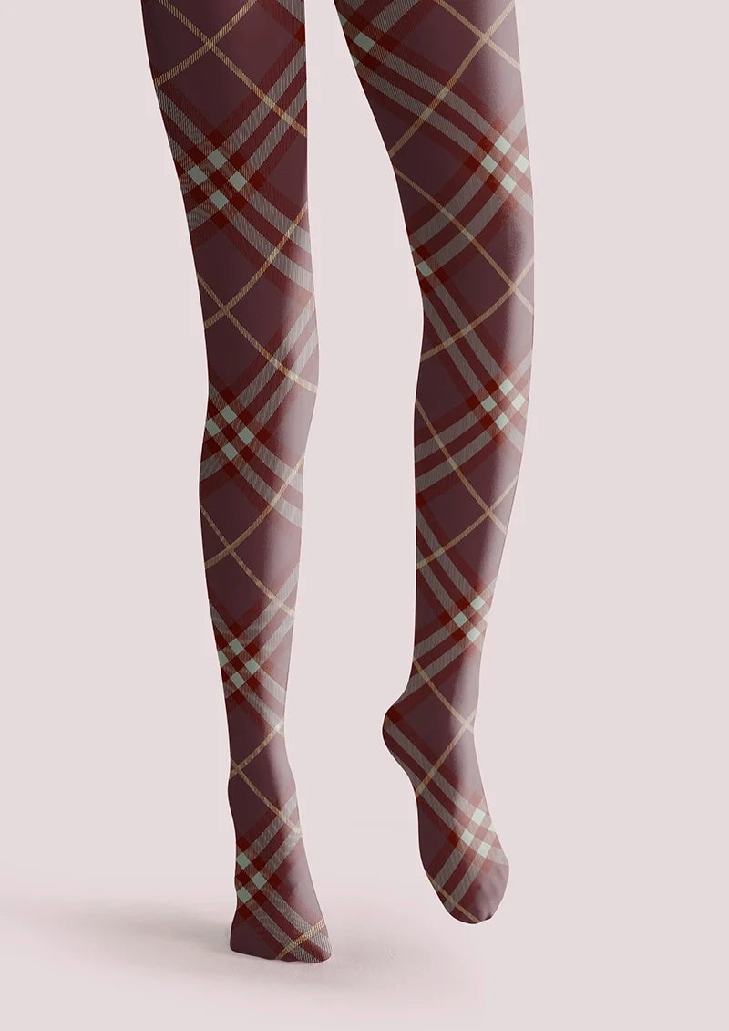 Women Dark Purple Maillard Check Tights Hosiery Pantyhose