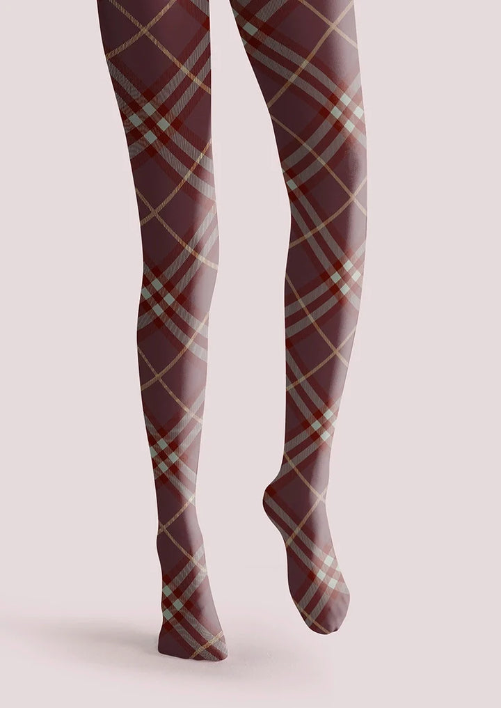 Women Dark Purple Maillard Check Tights Hosiery Pantyhose