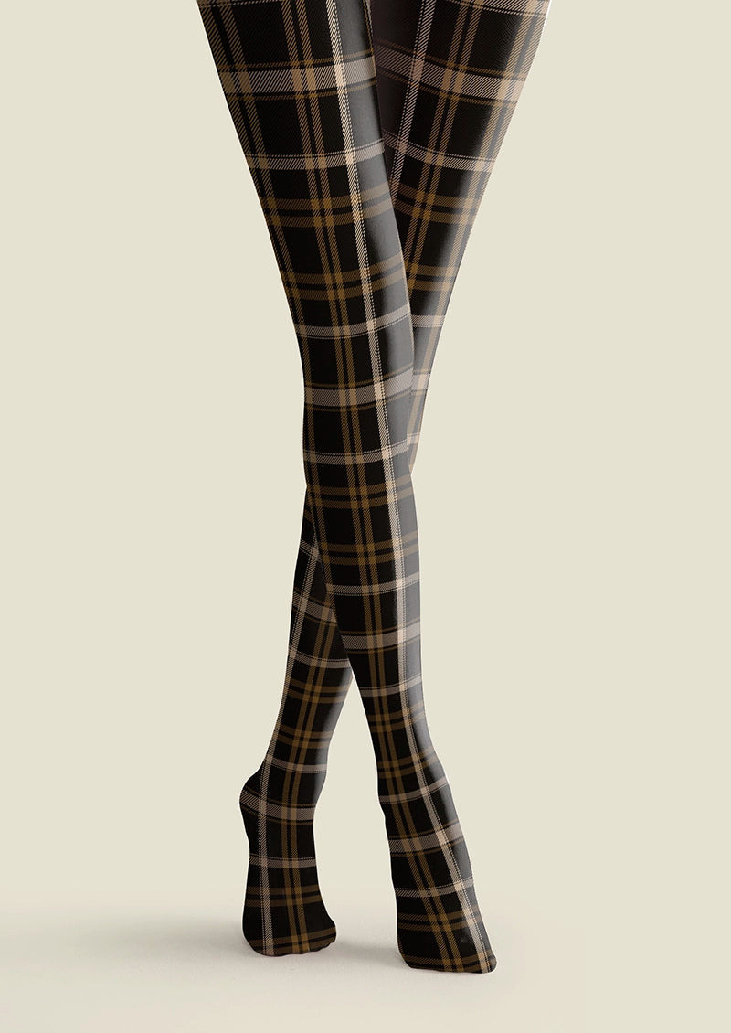 Women Black-brown Stripes Checked Tights Hosiery Pantyhose
