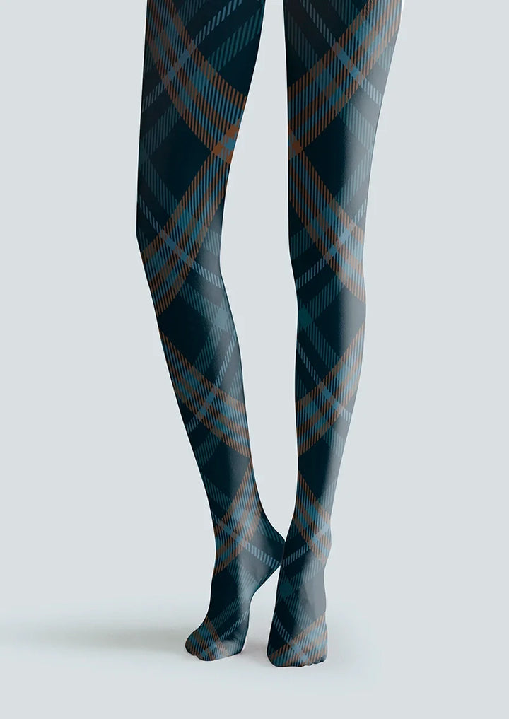 Women Deep Blue Check Plaid Printed Tights Hosiery Pantyhose