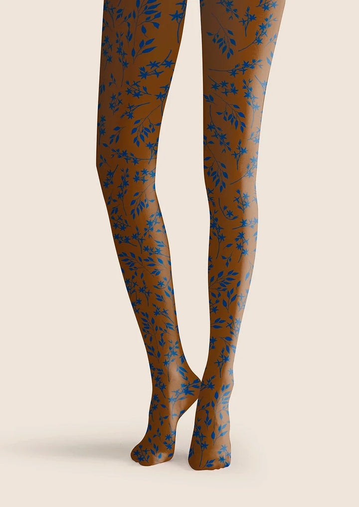 Women Brown-blue Dainty Florals Print Tights Hosiery Pantyhose