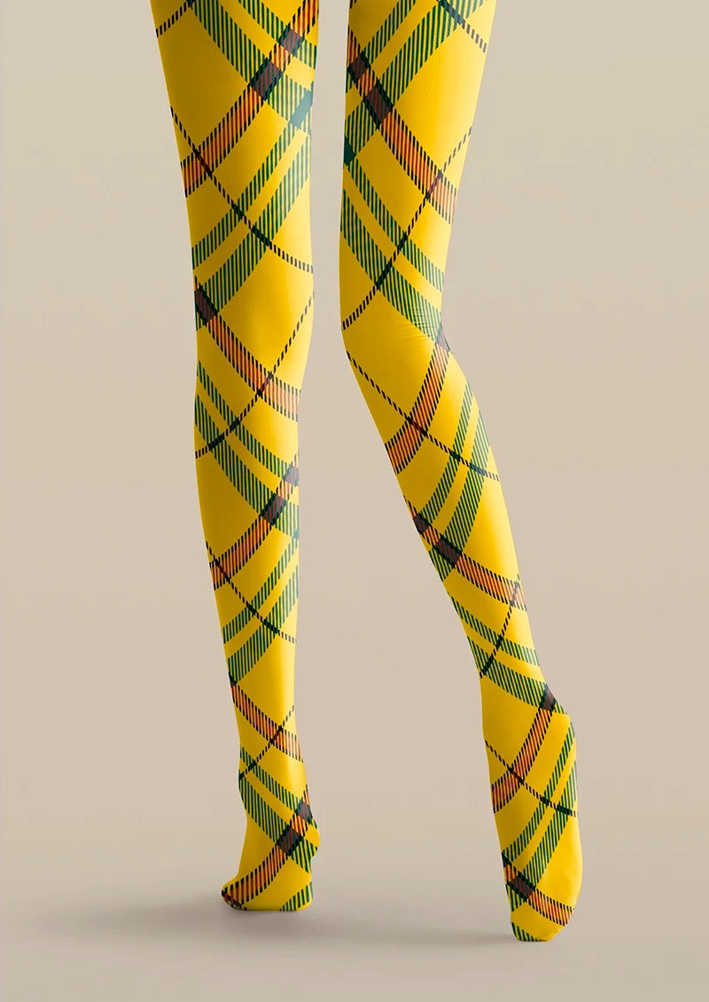 Women Yellow Striped Check Printed Tights Hosiery Pantyhose