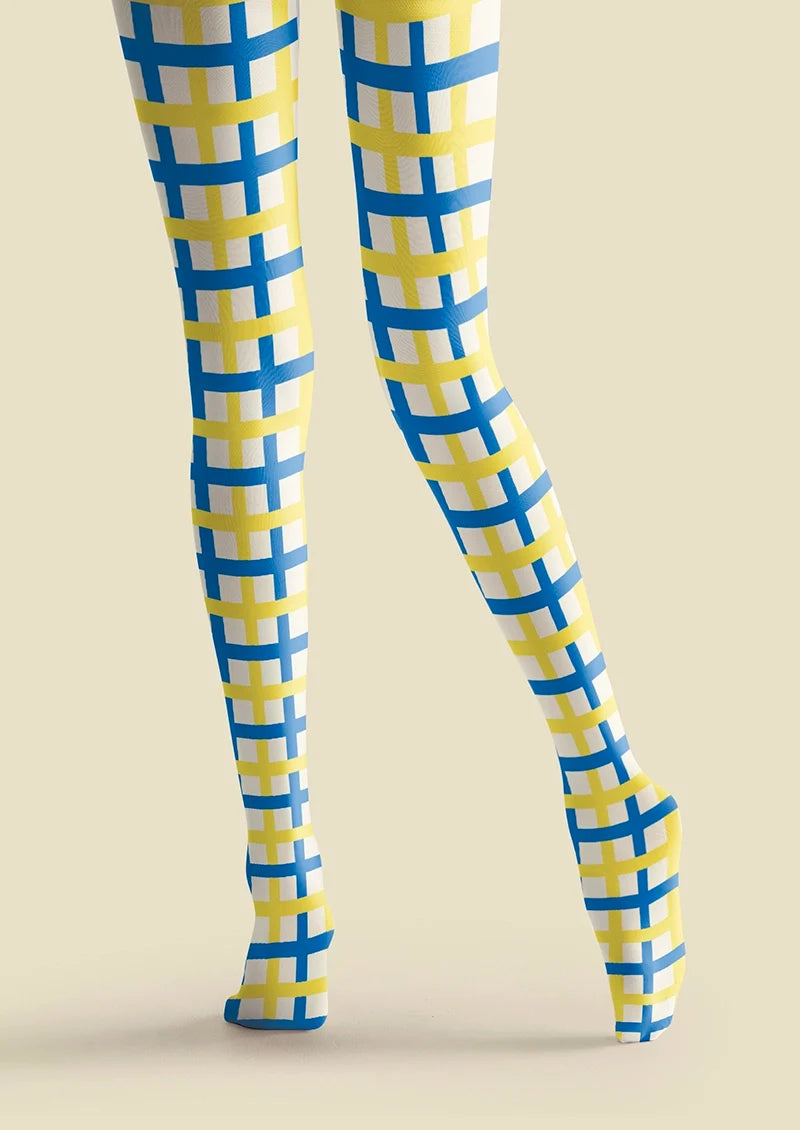 Women Chic Yellow and Blue Checkered Pattern Tights Pantyhose