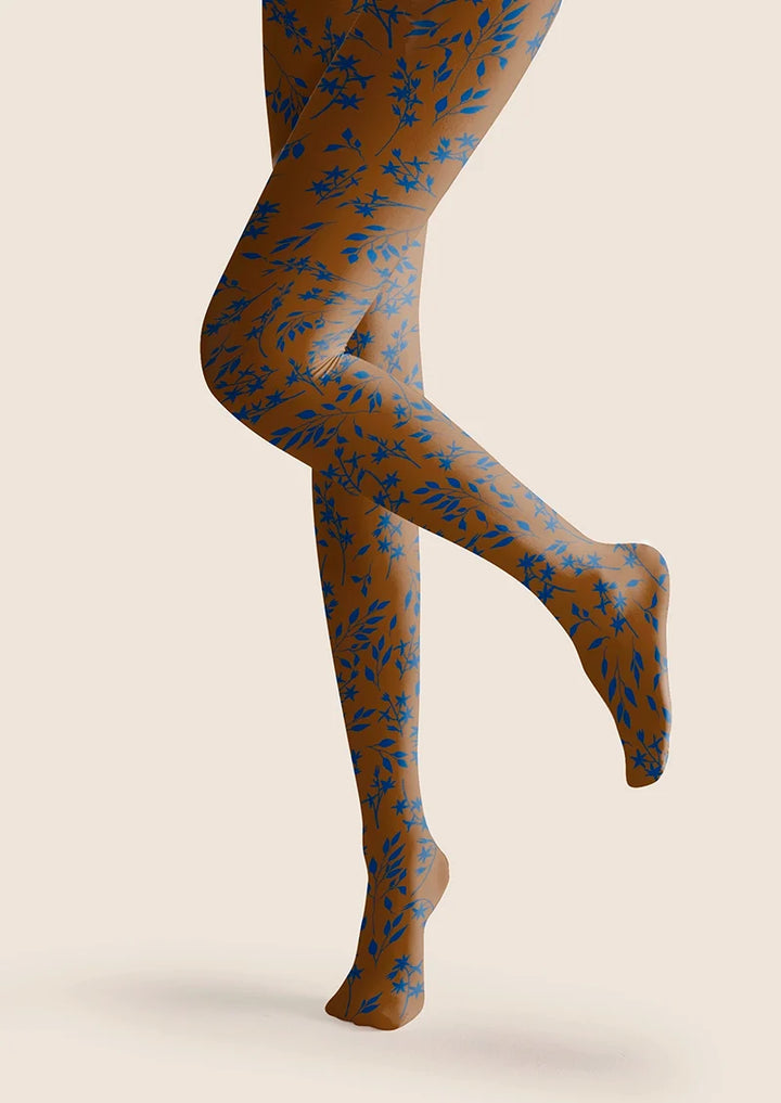 Women Brown-blue Dainty Florals Print Tights Hosiery Pantyhose