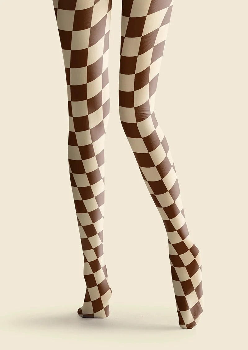 Brown-pale Yellow Checkered Tights Hosiery Pantyhose