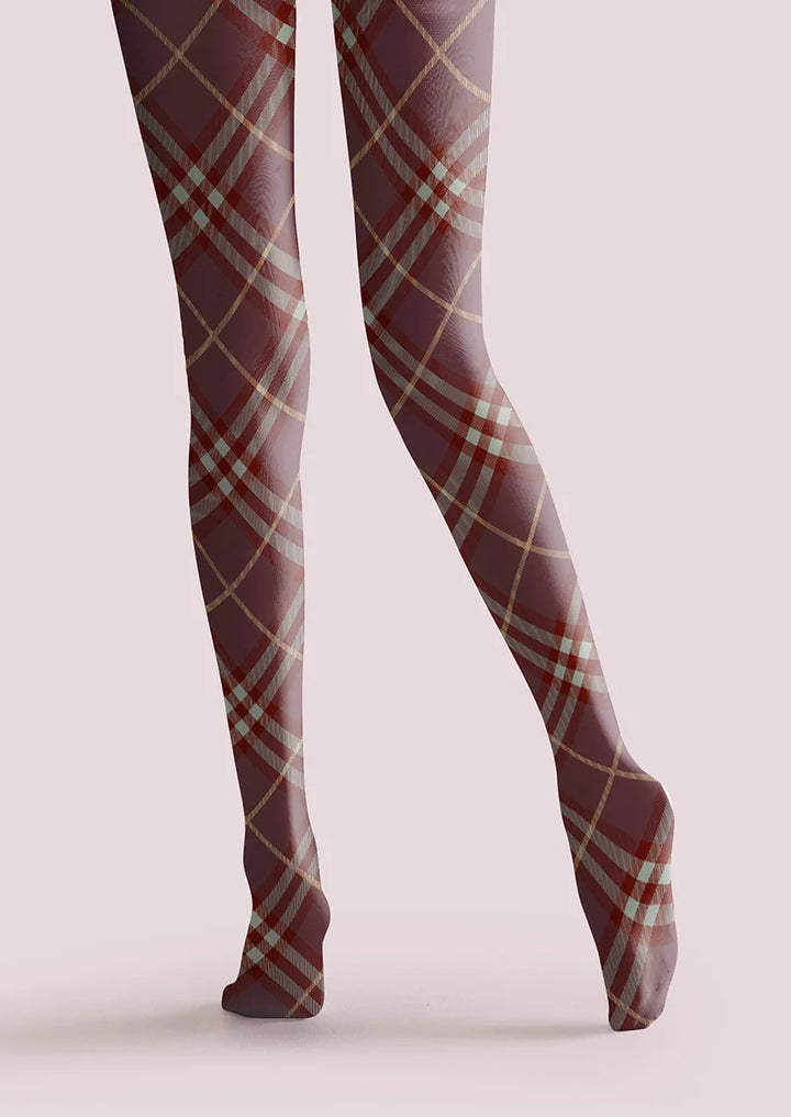 Women Dark Purple Maillard Check Tights Hosiery Pantyhose