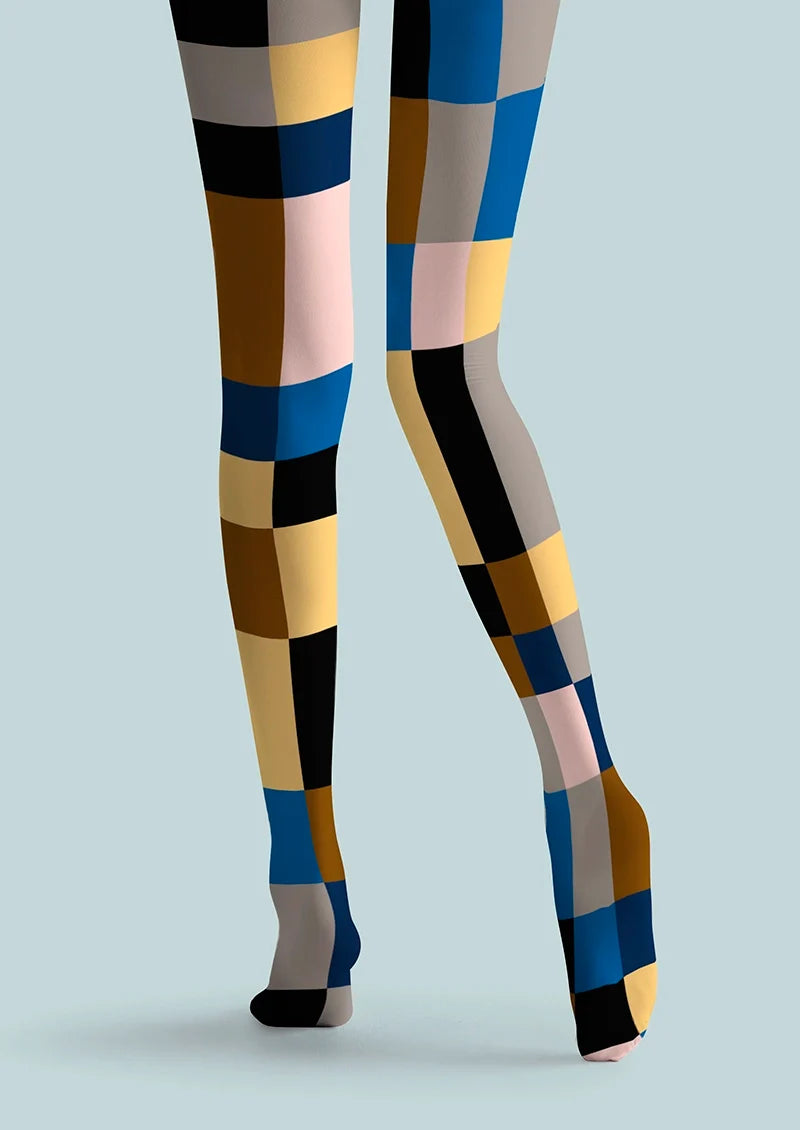 Women Retro Color Block Geometric Printed Tights Pantyhose