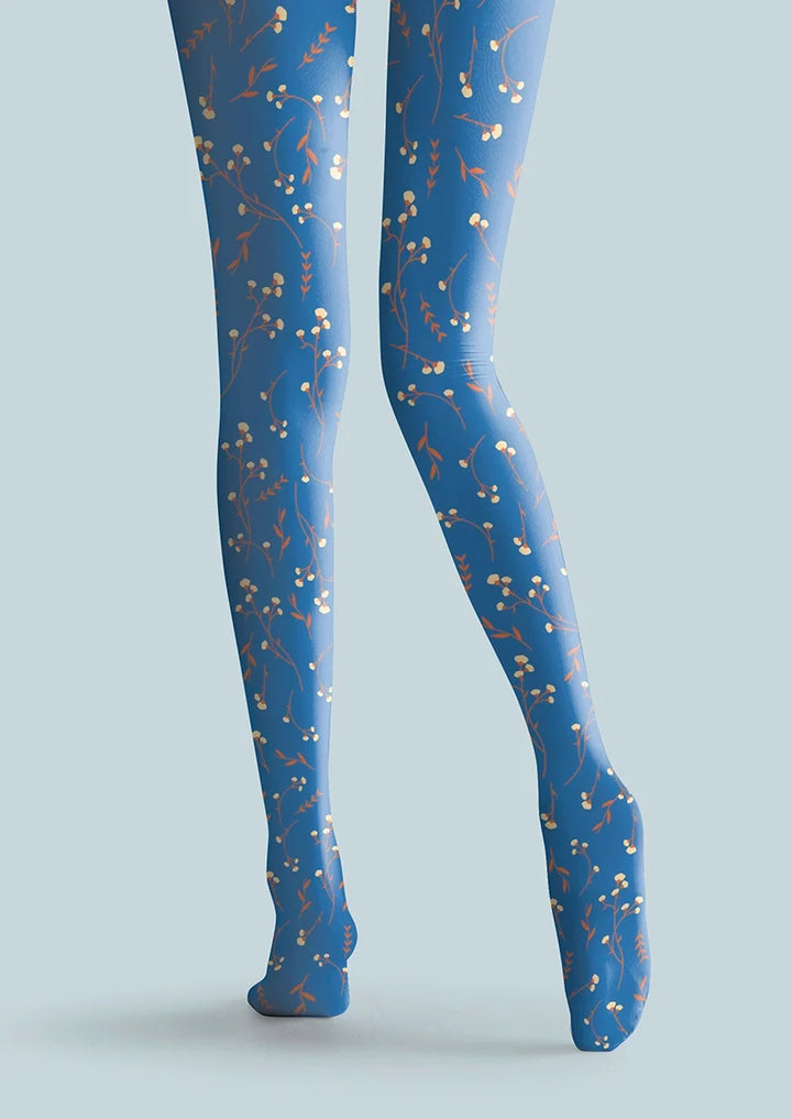 Women Cobalt Blue Dainty Florals Tights Hosiery Pantyhose
