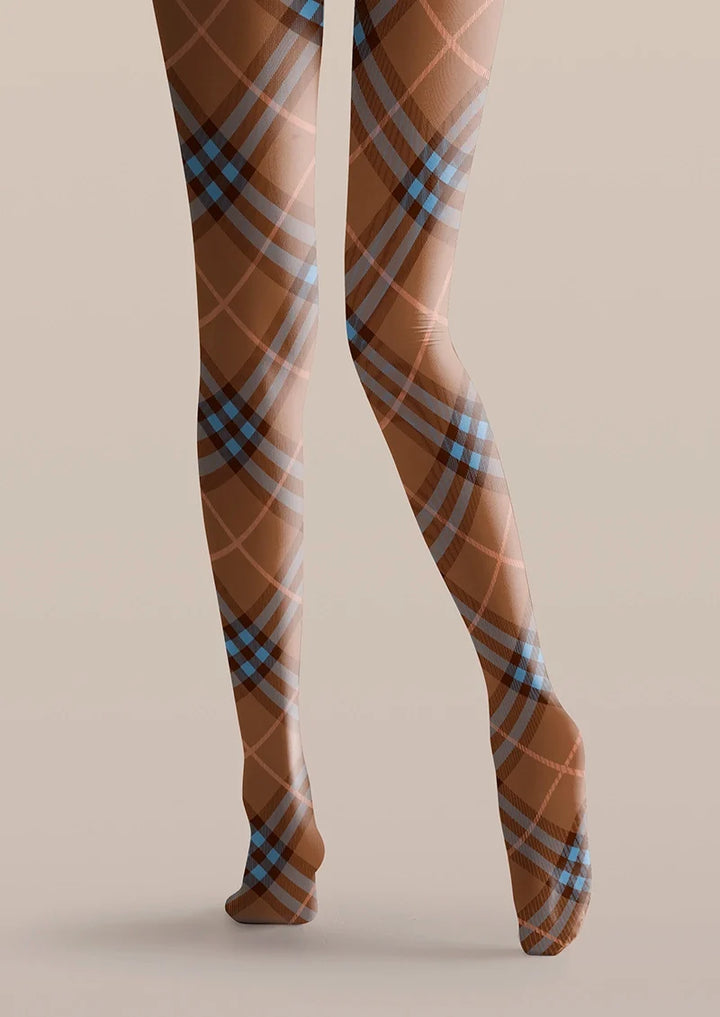 Women Brown-blue Maillard Check Print Tights Hosiery Pantyhose