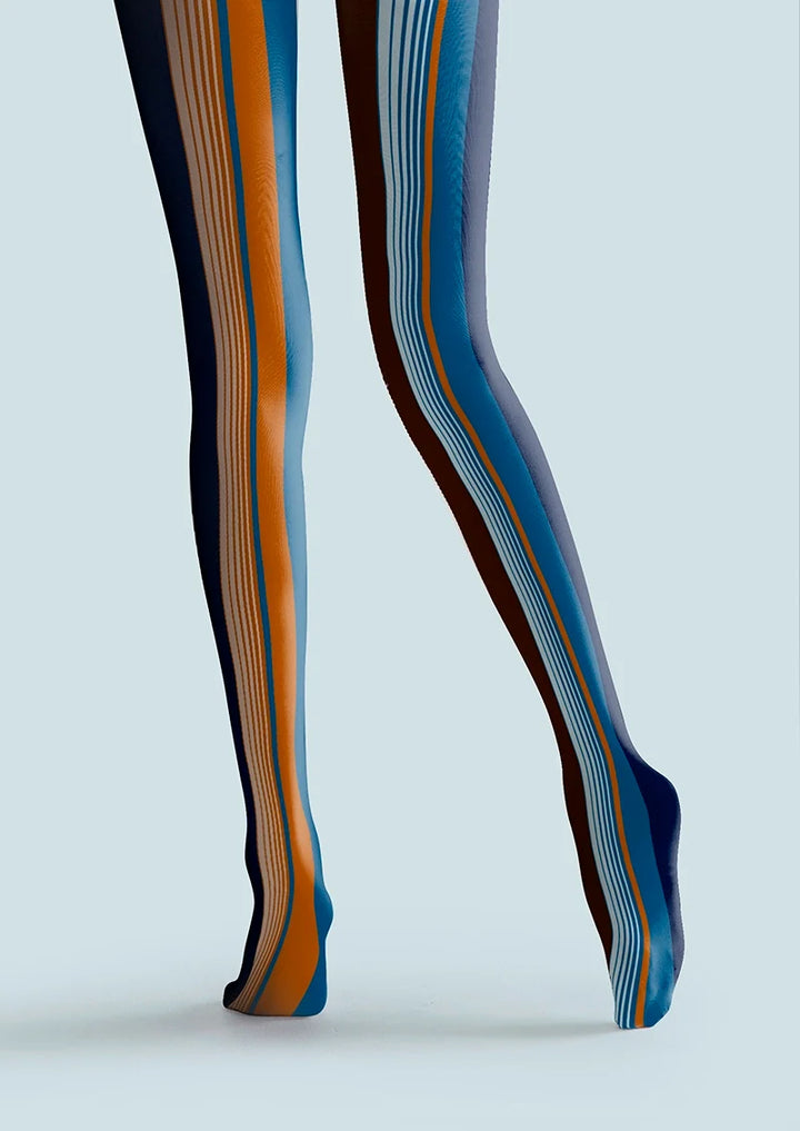 Women Blue-orange Stripes Patterned Tights Hosiery Pantyhose