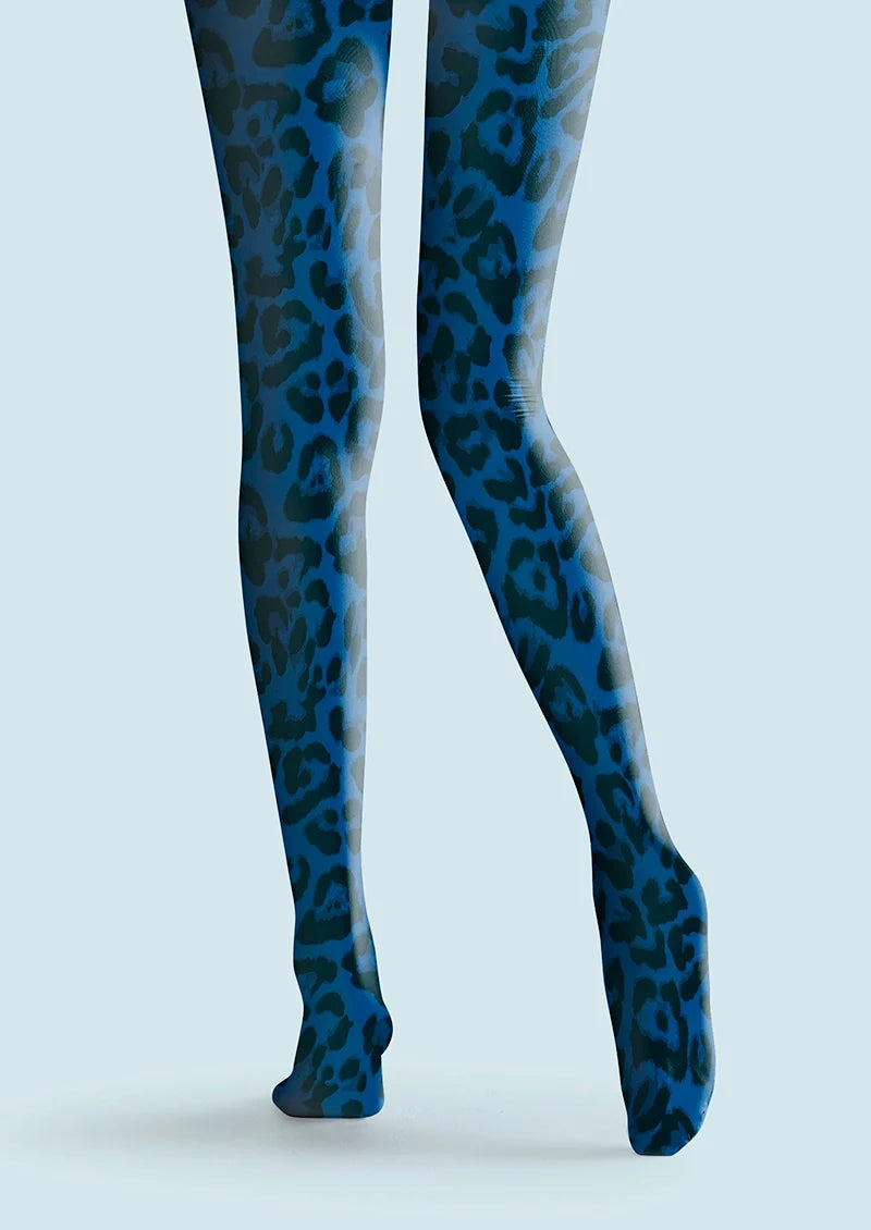 Women Vibrant Blue Leopard Animal Print Tights Pantyhose