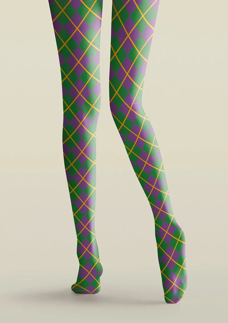 Women Green Purple Checkered Printed Tights Hosiery Pantyhose