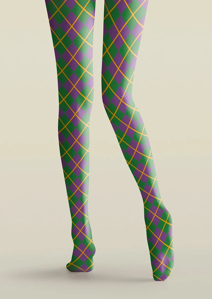 Women Green Purple Checkered Printed Tights Hosiery Pantyhose