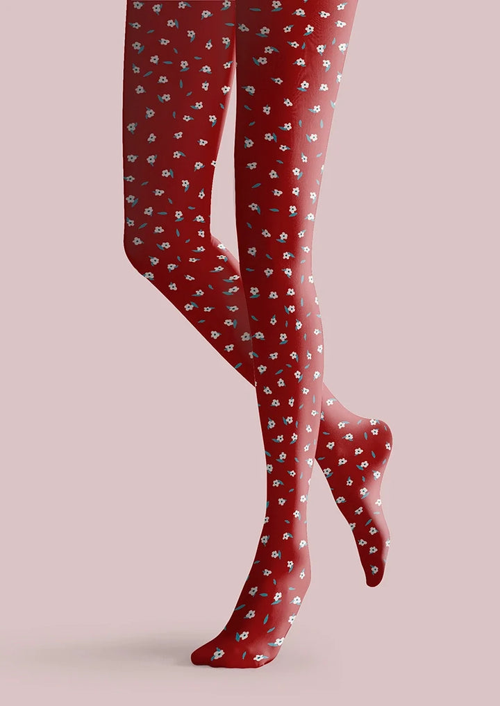 Women Red Dainty Florals Print Tights and Hosiery Pantyhose