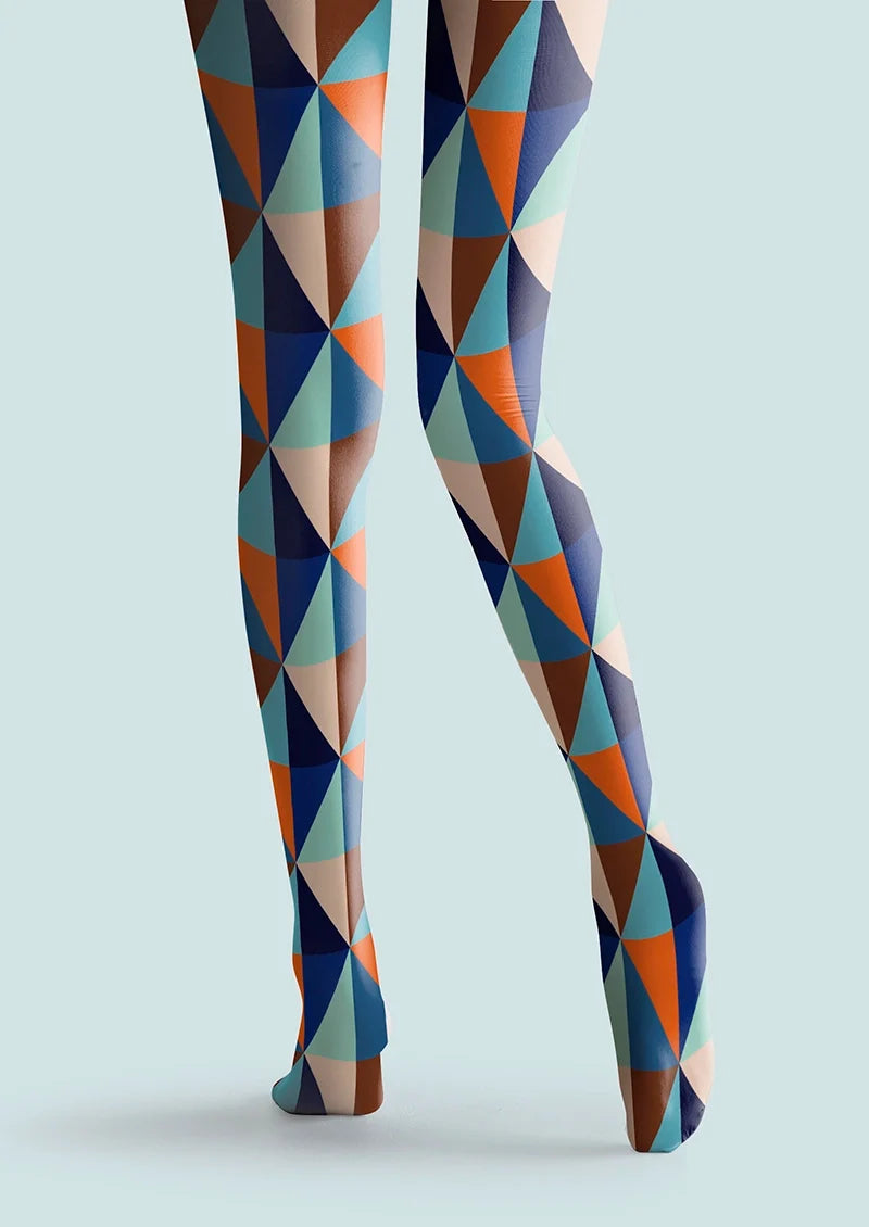 Women Blue Color Rhombus Diamond Pattern Tights Pantyhose