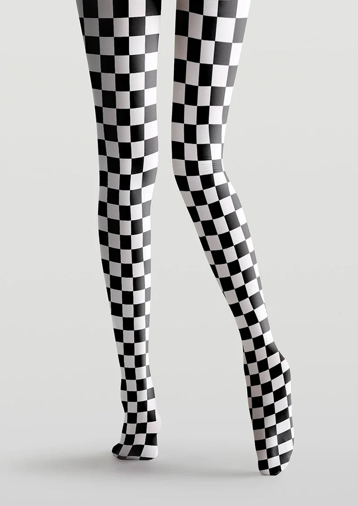 Women Black and White Checkered Grid Print Tights Pantyhose