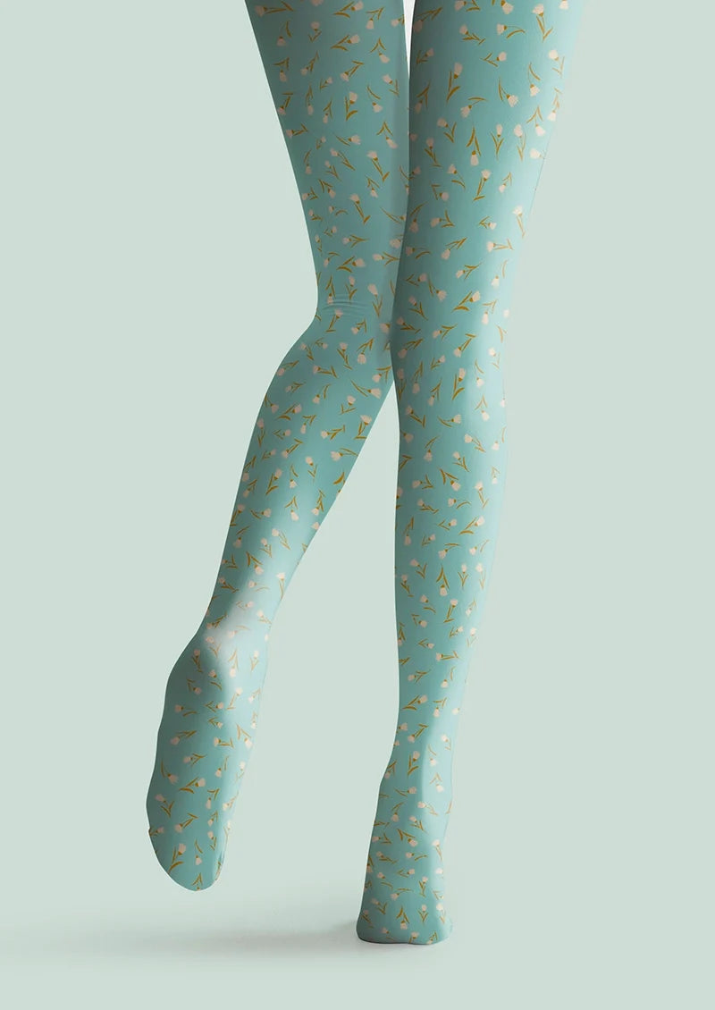 Women Pale Green Dainty Florals Print Tights Hosiery Pantyhose