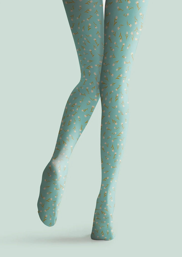 Women Pale Green Dainty Florals Print Tights Hosiery Pantyhose