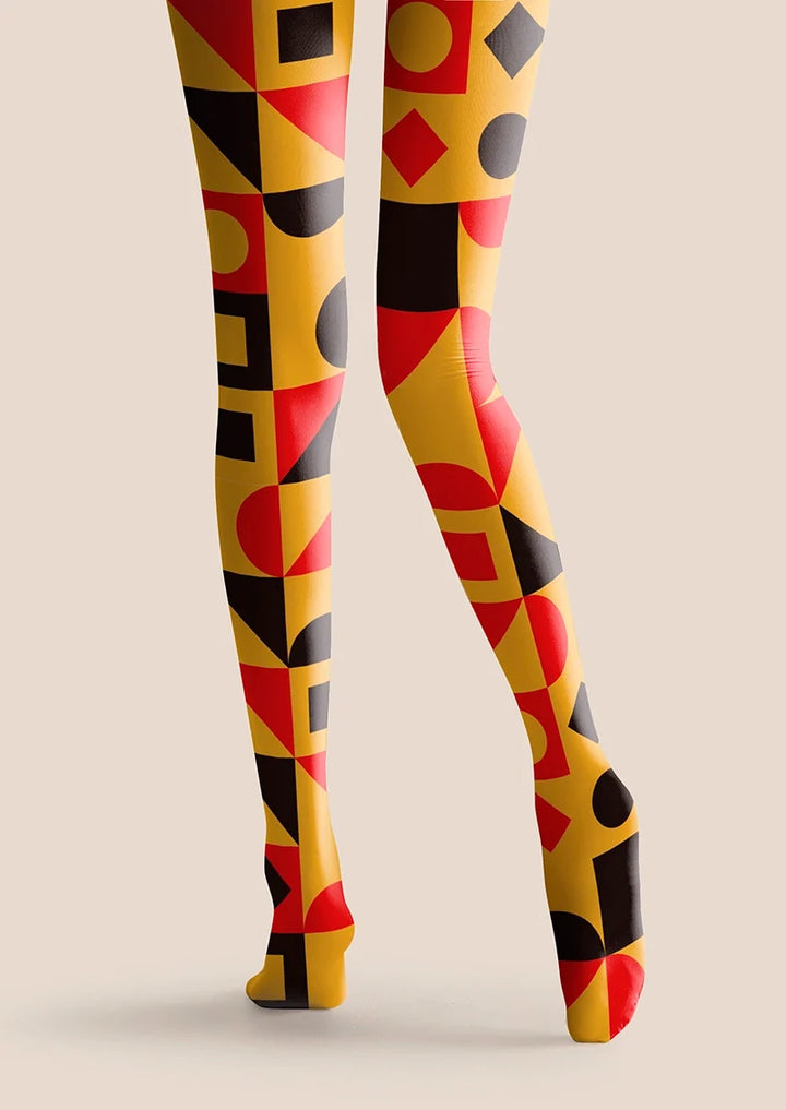 Women Yellow Blue Angles Graphic Print Tights Hosiery Pantyhose