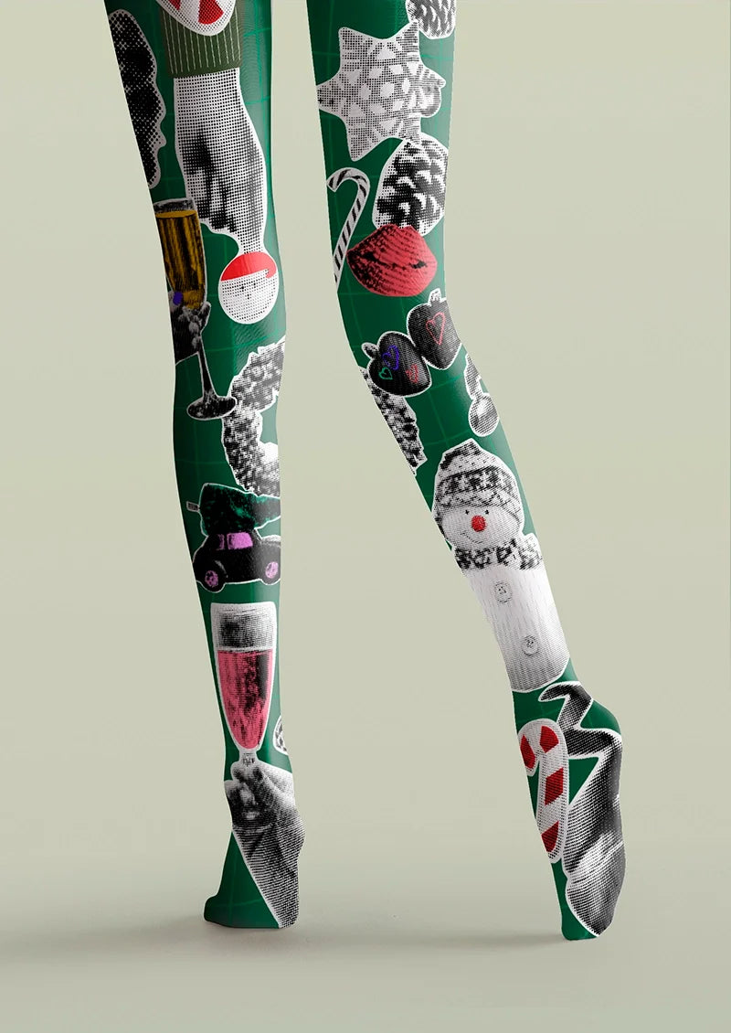 Christmas green collage Tights Hosiery Pantyhose