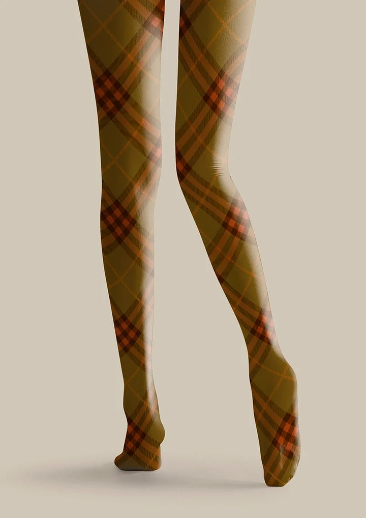 Women Olive Green Orange Maillard Check Print Tights Pantyhose