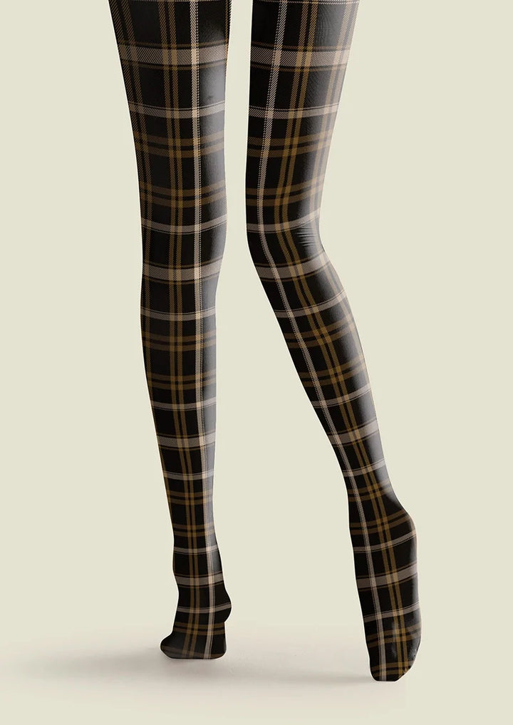 Women Black-brown Stripes Checked Tights Hosiery Pantyhose