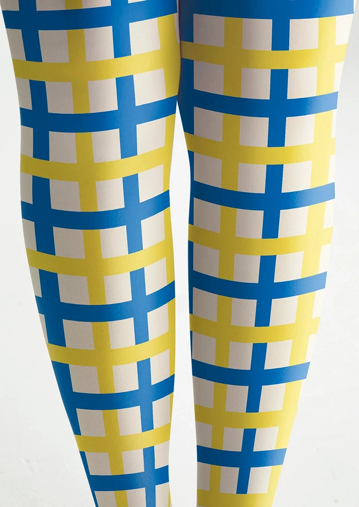 Women Chic Yellow and Blue Checkered Pattern Tights Pantyhose