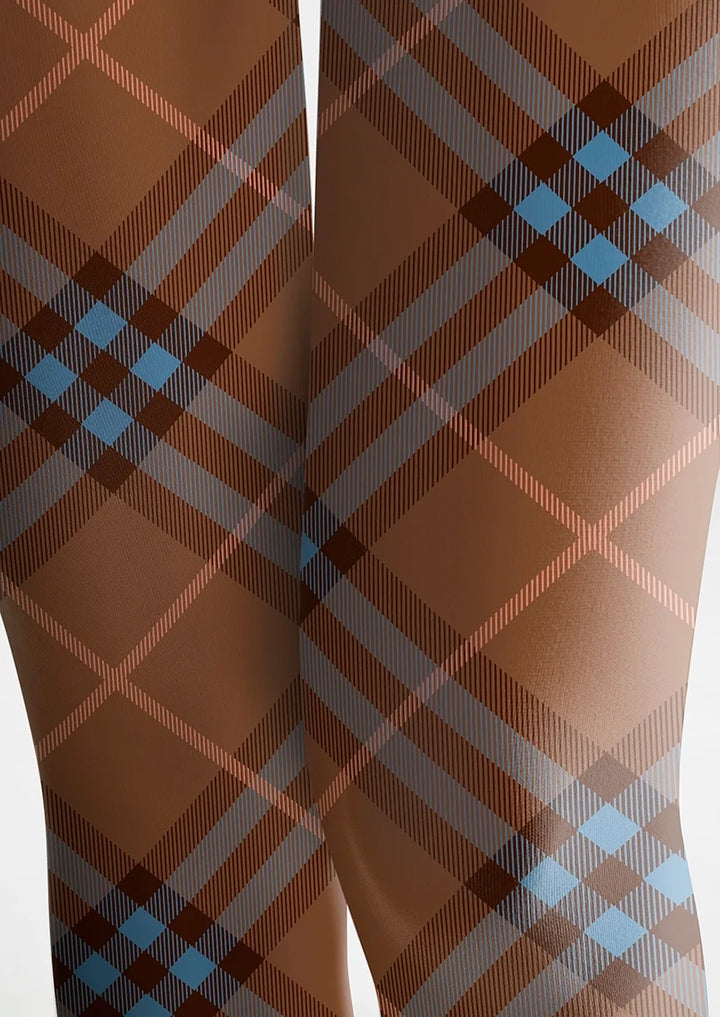 Women Brown-blue Maillard Check Print Tights Hosiery Pantyhose