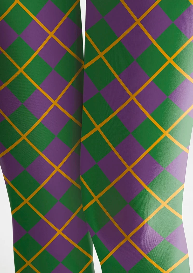 Women Green Purple Checkered Printed Tights Hosiery Pantyhose