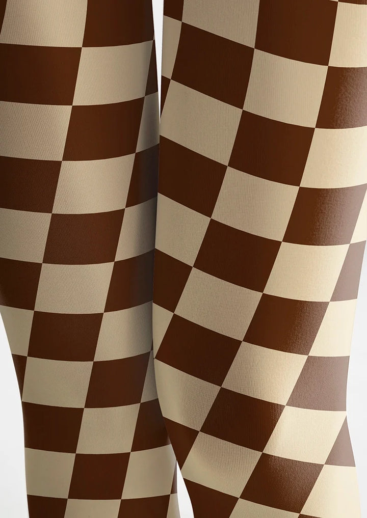 Brown-pale Yellow Checkered Tights Hosiery Pantyhose