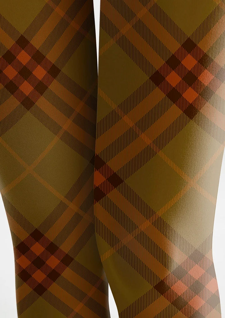 Women Olive Green Orange Maillard Check Print Tights Pantyhose