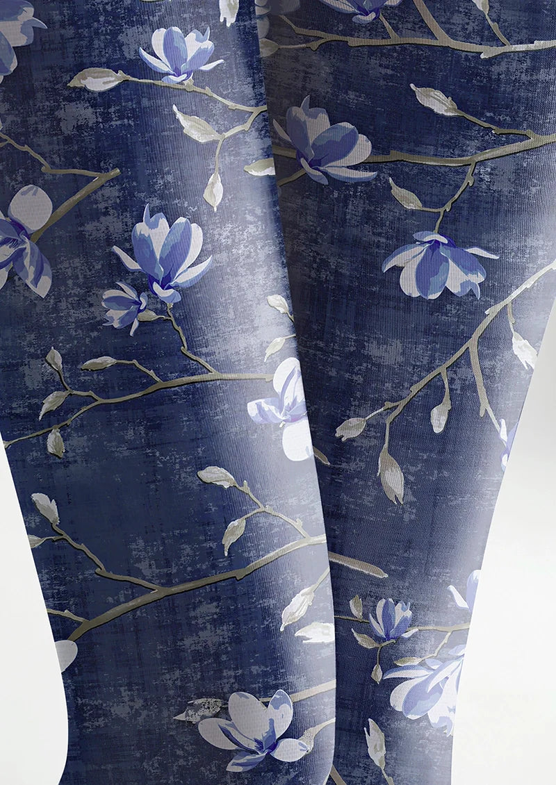 Women Vintage Dark Blue Floral Print Tights Hosiery Pantyhose