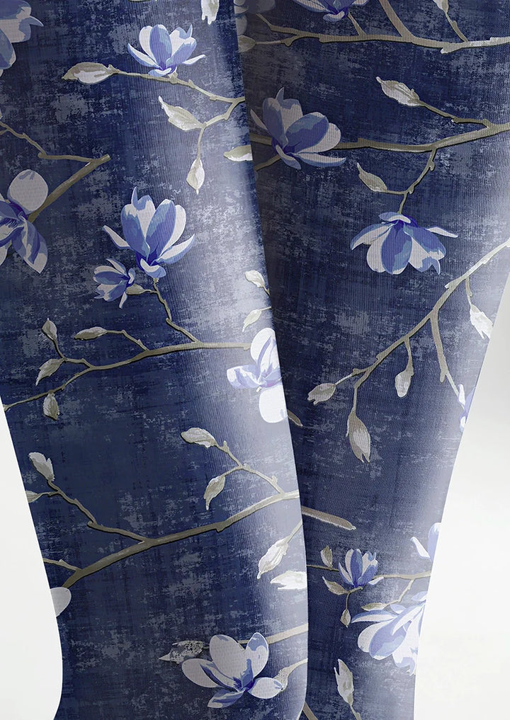 Women Vintage Dark Blue Floral Print Tights Hosiery Pantyhose