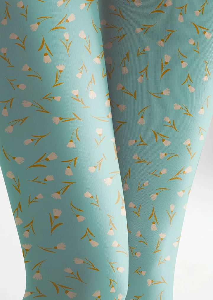 Women Pale Green Dainty Florals Print Tights Hosiery Pantyhose