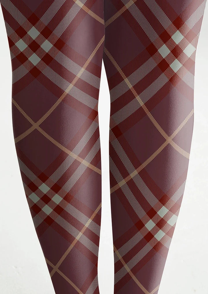 Women Dark Purple Maillard Check Tights Hosiery Pantyhose