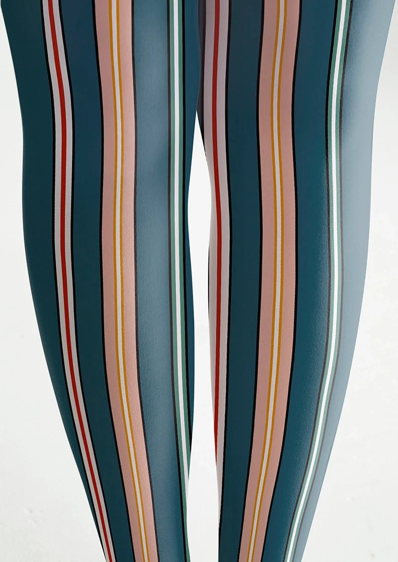 Women Malachite Green Stripes Printed Tights Hosiery Pantyhose