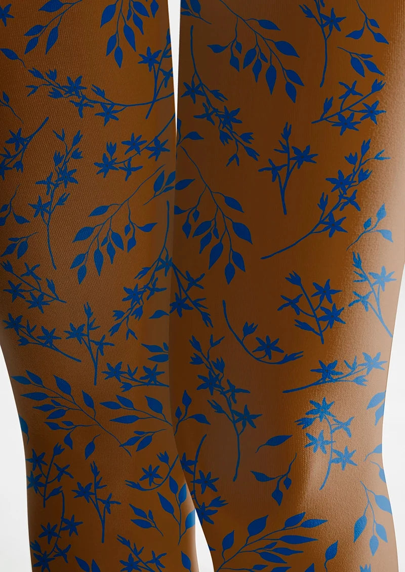 Women Brown-blue Dainty Florals Print Tights Hosiery Pantyhose