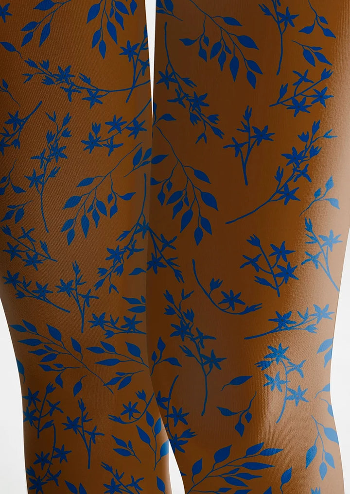 Women Brown-blue Dainty Florals Print Tights Hosiery Pantyhose