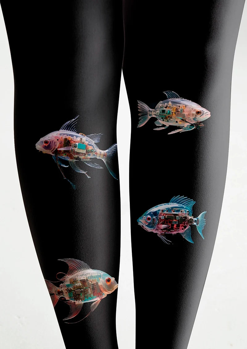 Women Mechanical Fish Animal Graphic Art Tights Pantyhose