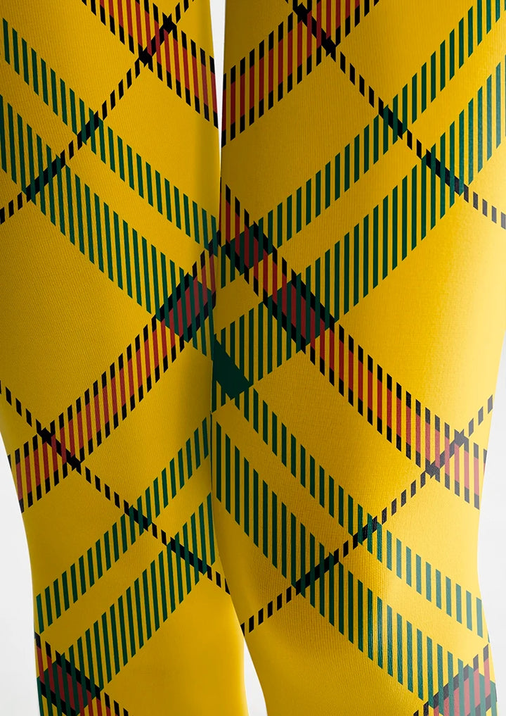 Women Yellow Striped Check Printed Tights Hosiery Pantyhose