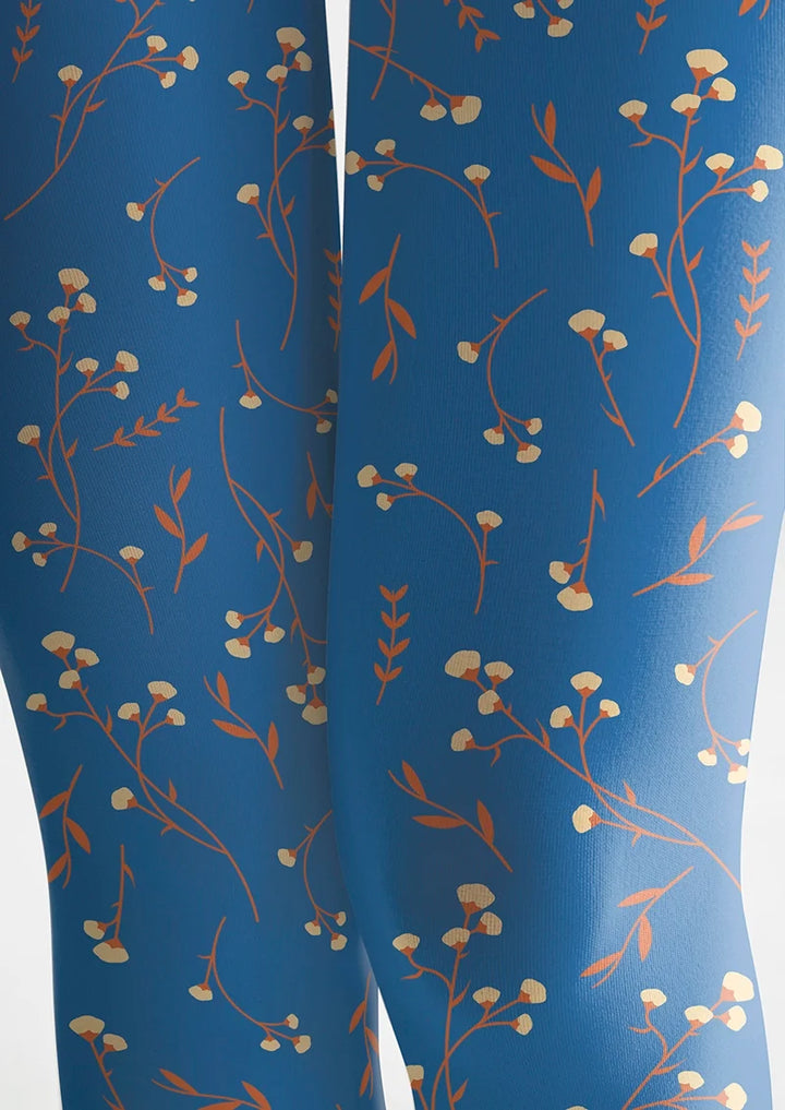 Women Cobalt Blue Dainty Florals Tights Hosiery Pantyhose